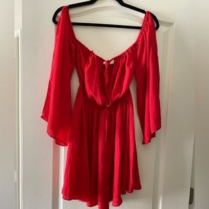 Red Dress from boohoo. Can be worn off shoulder or mid arm. No lining. Worn once